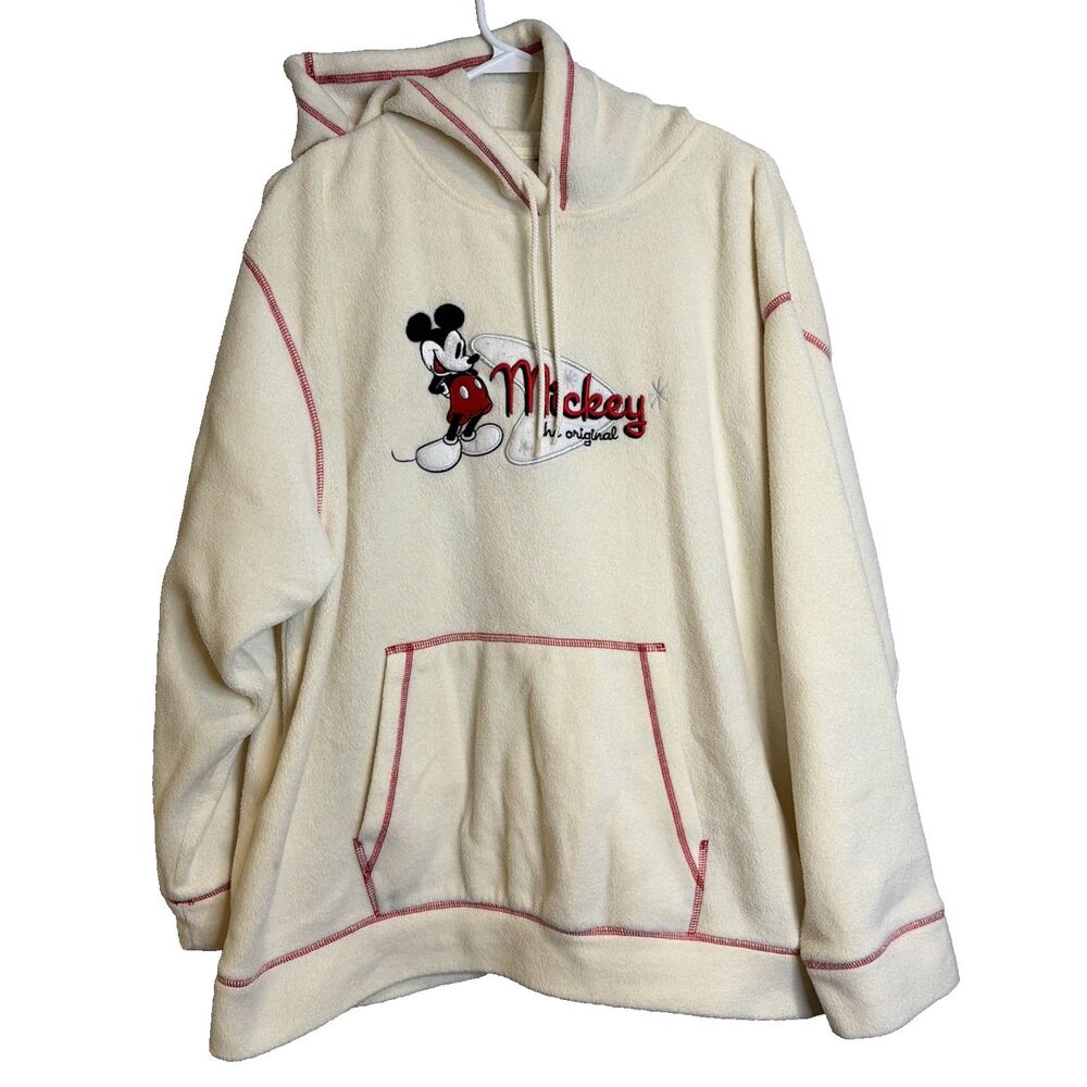 Vintage Disney Mickey Mouse The Original Cream Fleece Hoodie Red Trim Sz XL